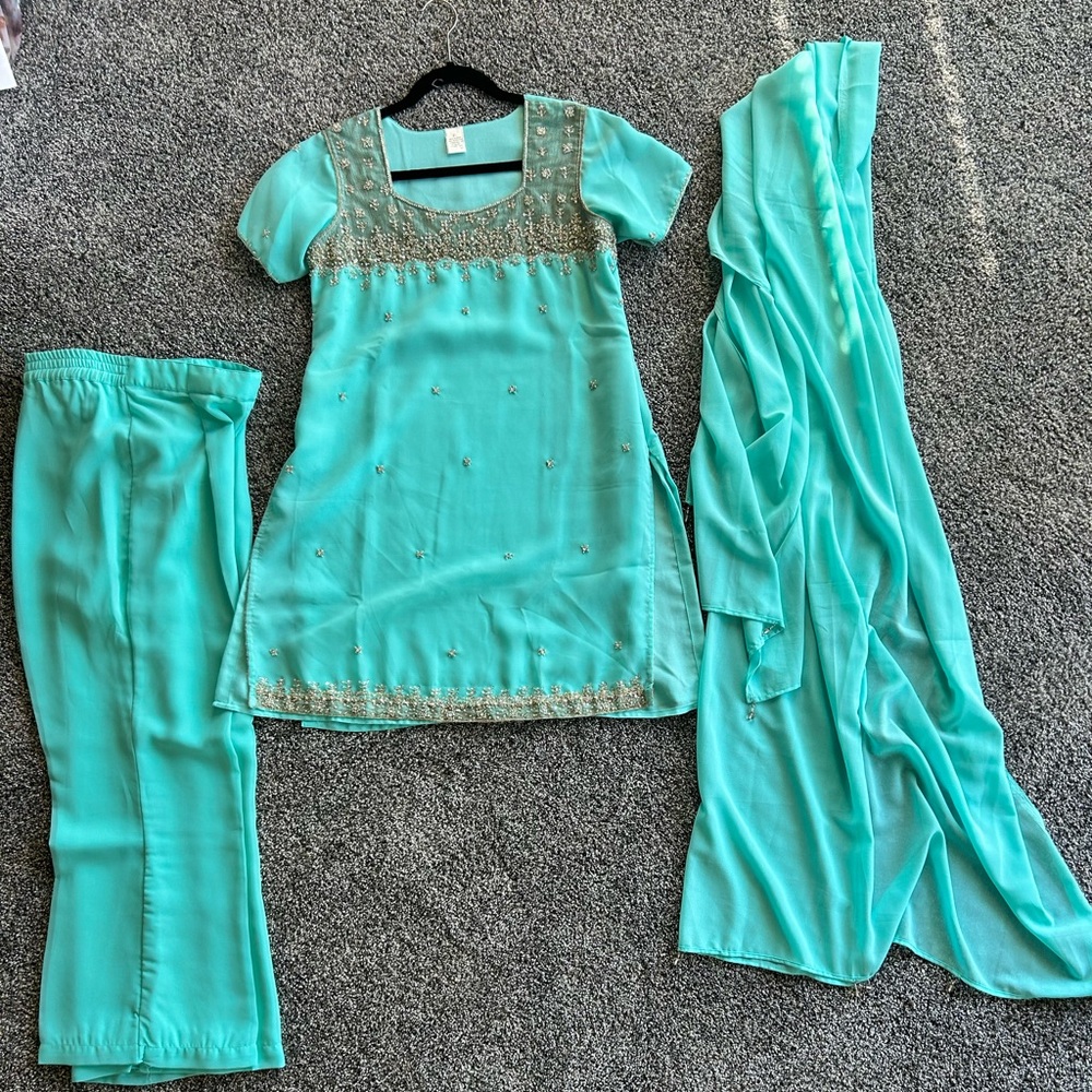 Turquoise Polyester Shalwar‎ kameez